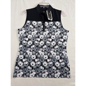 EPNY Golf Polo Top Womens Medium Black Floral UV 50+ Sleeveless Mock Neck New